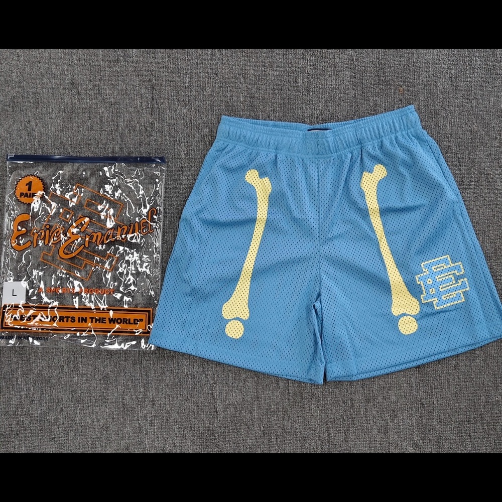 Eric Emanuel Light Blue Athletic Shorts with Pale Yellow Bone Graphic